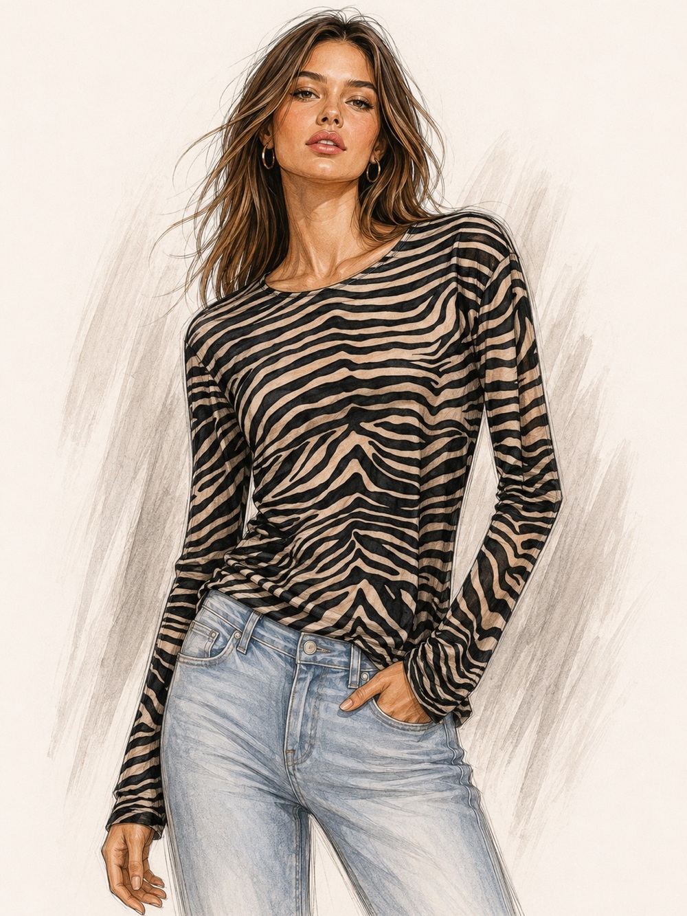 Kikiriki Signature Black and Beige Zebra-Print Long Sleeve Tee